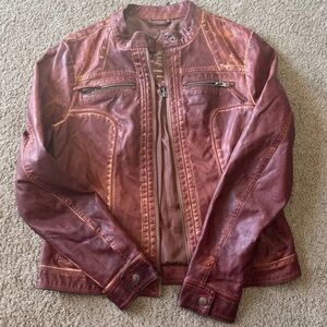 Sebby Collection Garment Dyed Moto Jacket M Burgundy Faux Leather Biker